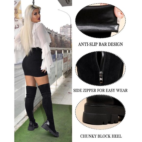 Women Black Over The Knee Boots Lug Sole Tall Boot Side Zipper Long Dress Boot - Picture 7 of 8